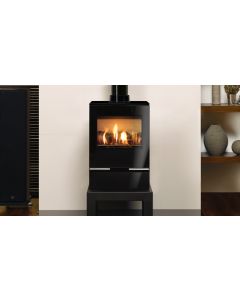 A Matt Black Mid Sized Contemporary Gas Stove, with clean lines and log effect fuel bed. High efficiency Gas Log Burner.
