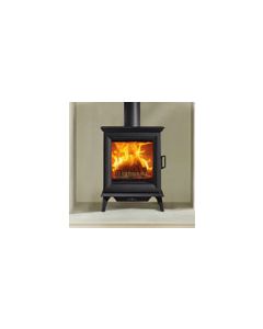 A black wood burning stove, a mid size stove for an elegant interior, bevelled door frame,matching cornicing, cast iron stove