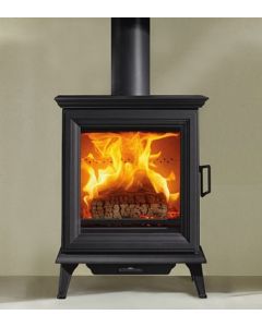 A black multi fuel stove, a mid size stove for an elegant interior, bevelled door frame, matching cornicing, cast iron stove
