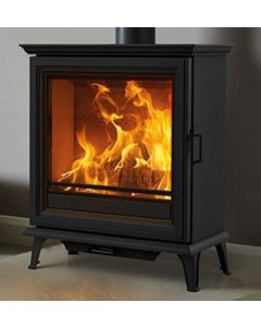 A black wide multi fuel stove, a mid size stove, slimmer depth, bevelled door frame, matching cornicing, cast iron stove