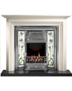 White limestone fireplace surround with black cast iron tiled insert, granite hearth and electric fire package deal