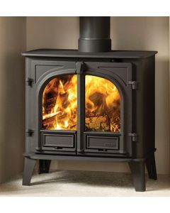 A black wood burning stove, a large stove with large burn chamber, double doors, ecodesign stove