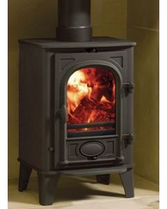 A black wood burning stove, a slim vertical stove for an elegant interior, ideal small room stove, ecodesign stove