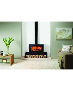 Small freestanding, landscape profile log burning stove. With Stovax steel stove bench and widescreen flame viewing.