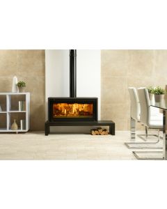 Medium freestanding, landscape profile log burning stove. With Stovax steel stove bench and widescreen flame viewing.