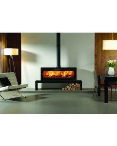 Large freestanding, landscape profile log burning stove. With Stovax steel stove bench and widescreen flame viewing.