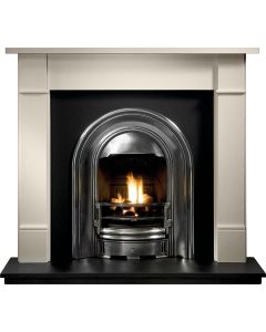 A black cast iron fireplace insert, an arched fireplace insert with a polished fireplace arch, an gas fire insert