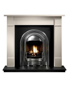 White limestone fireplace surround with black cast iron arched insert, granite hearth and gas fire package deal
