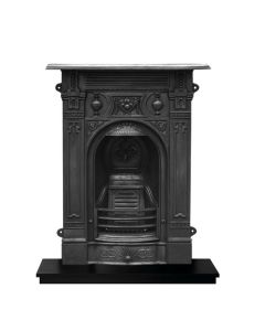 A small black cast iron fireplace with decorative Victorian motifs, with a granite hearth and fire grate