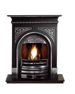 A highlighted cast iron fireplace with decorative motifs of Victorian style, stylish fire grate, a granite heart and log fire