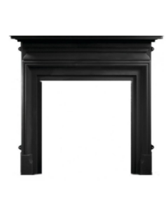 A black cast iron fireplace surround with a linear design in an understated Victorian style