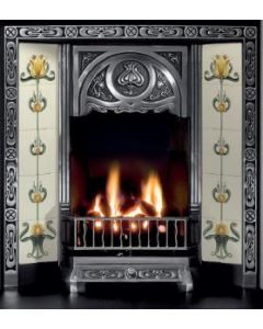 A black cast iron fireplace tiled insert with highlight polished Victorian style motifs and Victorian fireplace tiles