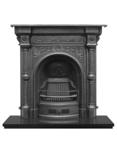A highly decorated black cast iron fireplace with decorative Victorian motifs, with a granite hearth and fire grate