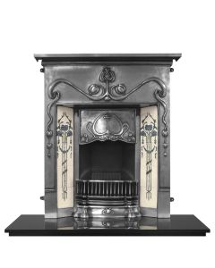 A tiled fully polished cast iron fireplace with decorative art nouveau motifs, with a granite hearth and fire grate