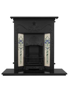 A tiled black cast iron fireplace with decorative art nouveau motifs, with a granite hearth and fire grate