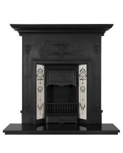 A tiled black cast iron fireplace with decorative art nouveau motifs, with a granite hearth and fire grate