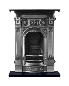 A small fully polished cast iron fireplace with decorative Victorian motifs, with a granite hearth and fire grate