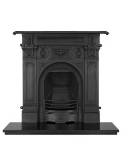 A large black cast iron fireplace with decorative Victorian motifs, with a granite hearth and fire grate