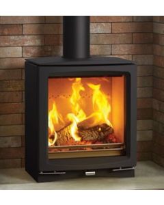 A black wood burning stove, a larger stove to suit a contemporary modern interior, an ecodesign stove, 7kw heat output stove