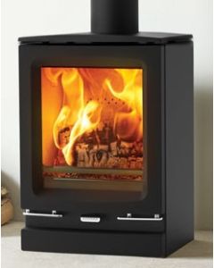 A black wood burning stove, a small stove to suit a contemporary modern interior, an ecodesign stove