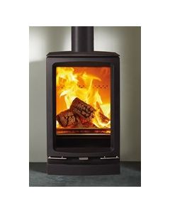A black multi fuel stove, a small and tall stove to suit a contemporary interior, a portrait flame view, ecodesign stove